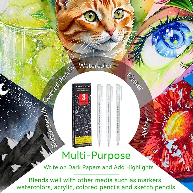 MARTCOLOR White Gel Pens, 0.5mm Extra Fine Point Opaque Archival Ink Pen for Black Paper Drawing, Art Highlight, Illustration, Bullet Journaling, Card Making & DIY Projects, 3 Pack