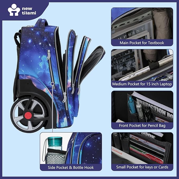 NEW TILAMI 20" Rolling Backpack for Teens Adults, Climbing Stairs Waterproof Backpack with Wheels for School Business Trave Camping with Laptop Compartment, Fit 17 Inch Laptop, Spacey Blue