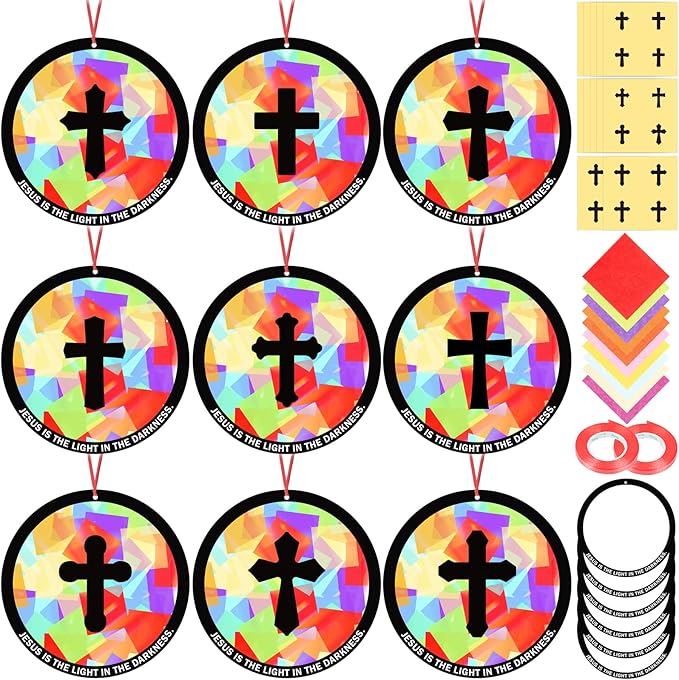 48PCS Sunday School VBS Crafts Bulk: Paper Cross Nativity Suncatchers, Jesus Religious Christian Activity DIY Kits Church Decorations, Window Stained Glass Effect Art Supplies(Round Shape)