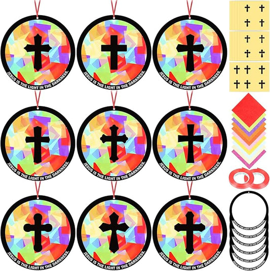 48PCS Sunday School VBS Crafts Bulk: Paper Cross Nativity Suncatchers, Jesus Religious Christian Activity DIY Kits Church Decorations, Window Stained Glass Effect Art Supplies(Round Shape)