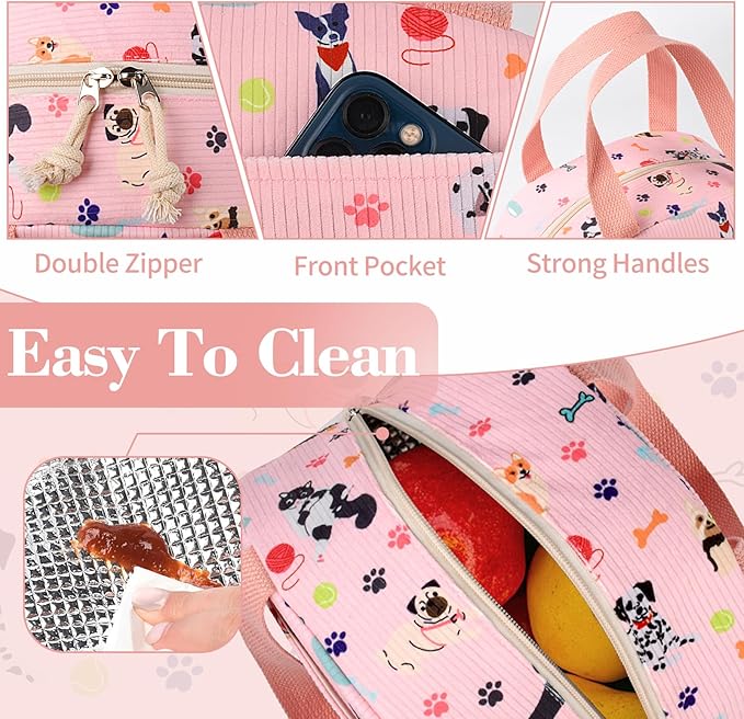 CaCTOUR Lunch Box for Women Girls Teens,Cute Lunch Box Cooler Bag, Portable Insulated Small Lunch Bag Women Reusable Corduroy Lunch Tote for Work/Travel/Picnic/School (Dog Pink,Small)