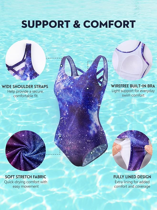 Modest Full Coverage One Piece Swimsuit Floral Bathing Suit Criss Cross Back Swimwear with Built-in Bra