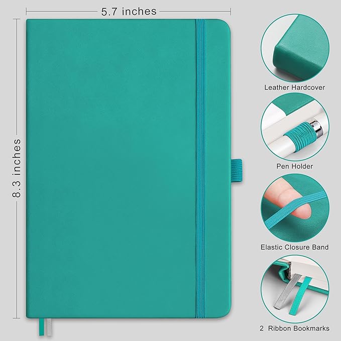 RETTACY Dotted Journal Notebook, 256 Pages, A5 Medium Size (5.7'' × 8.3''), Leather Hardcover, 120 GSM Thick Paper, for Journaling, Planning, Tracking (Cyan)