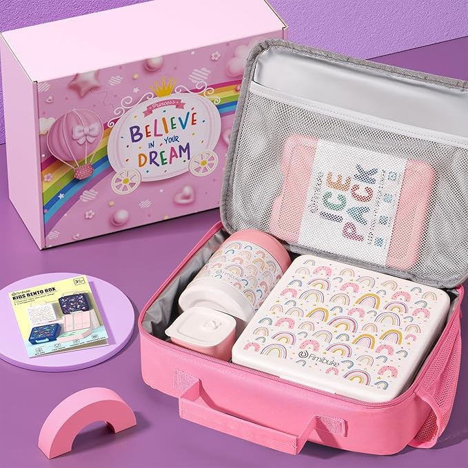 Fimibuke Kids Bento Snack Lunch Box with 4 Compartment, Insulated Lunch Bag, Stainless Steel Vacuum Thermo Food Jar, Ice Pack, Utensils Set, Birthday Gifts for Age 3-12 Back to School Toddler Girl Boy