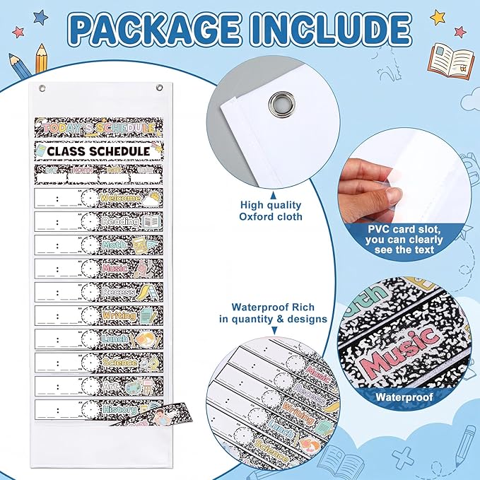 Kolldenn Daily Schedule Pocket Chart, 13+1 Scheduling Pocket Chart with 32 Pieces Reusable Cards Visual Schedule for School Office Home Preschool Activity (Composition)