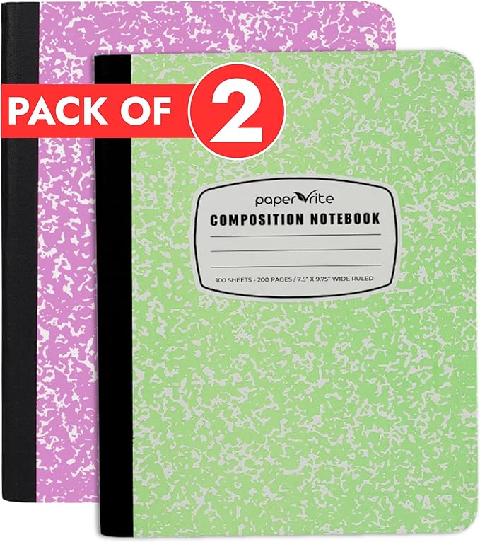 Assorted Marble Composition Notebook Wide Ruled (9.75x7.5 in), 100 Sheets | 200 Pages | For School, Office, Students, Teachers (2, Green & Pink)