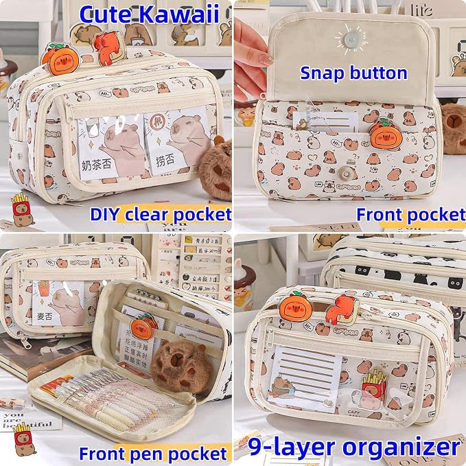 Cute Kawaii Pencil Case Pouch Cartoon Pen Box Holder Organizer for Office Workspace Supplies Desk Accessories Travel Essentials Aesthetic Trendy Cool Stuff Gift Large Capacity (Pink Kapibala)