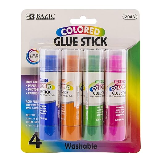BAZIC Products Washable Colored Glue Stick 8g/0.28 Oz, All Purpose Acid Glue Sticks for Kids Photos Paper Kids at School Home Office (4/Pack), 24-Pack