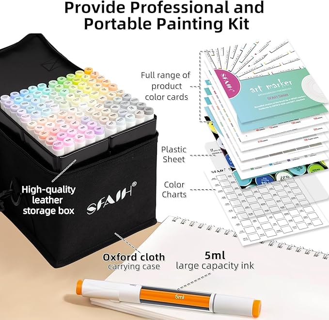 SFAIH Alcohol Markers Brush & Fine - 101 Pastel Dual Tip Art Markers for Adult Coloring Illustration, Gift for Artist, Refillable Ink, Colorless Blender, Adjustable Shoulder Strap & Leather Lining