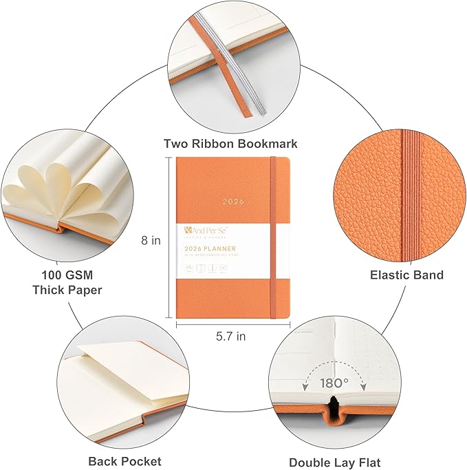 And Per Se 2026 Planner-Daily, Weekly & Monthly Leather Hardcover Planner, 5.7" x 8", Daily Schedule, 100 GSM Thick Paper, Back Pocket(Pumpkin Orange)