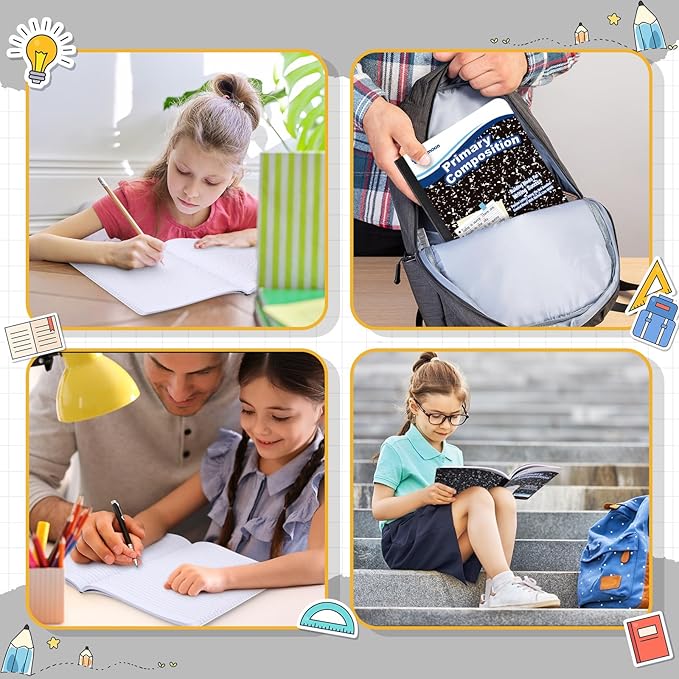 48 Pack Primary Composition Notebook,Grade K-2 Journal Wide 3 Line Ruled,80 Pages,Marble Cover,7-1/2" x 9-3/4" Primary Writing Notebook for Kindergarten Preschool,1st 2nd Grad (Black Color)
