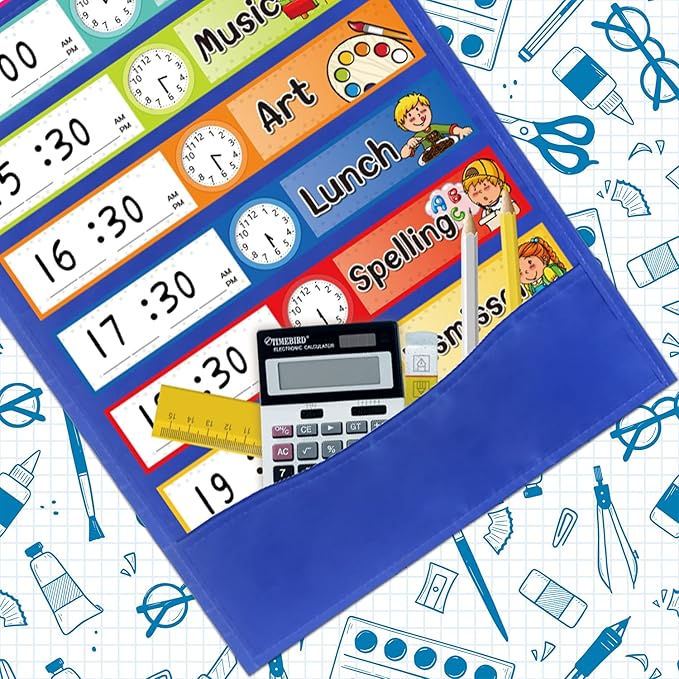 Daily Schedule Pocket Chart Kit,40 Bright Attractive Double-Sided Reusable Erasable Cards,1 Title Card,13+1 Scheduling Pocket Chart with 2 Hangers for Classroom Office Home Preschool Learning (Blue)