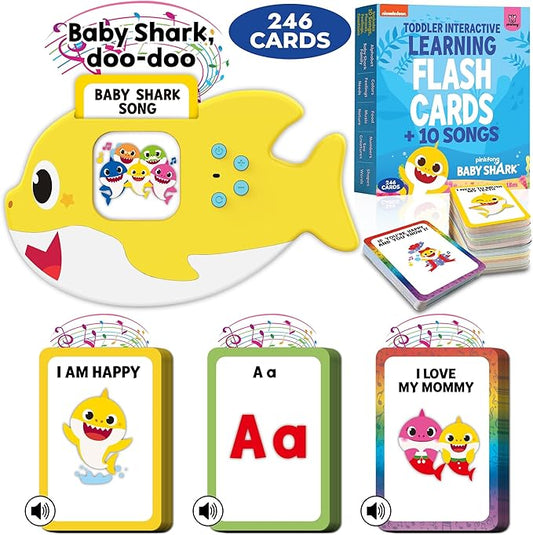 Baby Shark Flash Cards for Toddlers 2-4 Years | Sensory Toys for Autism and Autistic Non-Verbal Kids Ages 2 3 4 5 6 | Speech Therapy Learning Toys with Music, Phrases, ABC, Numbers, Sight Words