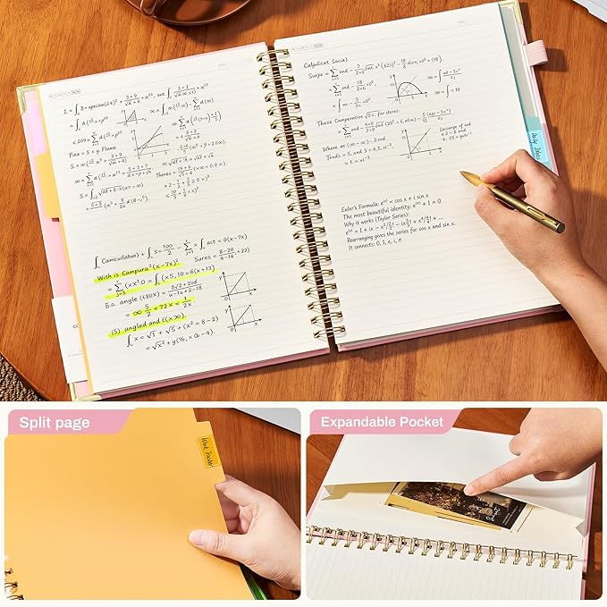 Hardcover Spiral Notebooks 8.5" X 11" Note Taking 5 Subject Notebook College Ruled with Dividers 240 Pages 100GSM Aesthetic Spiral Notebook for Work School Cute Journals for Women Writing, Light Pink
