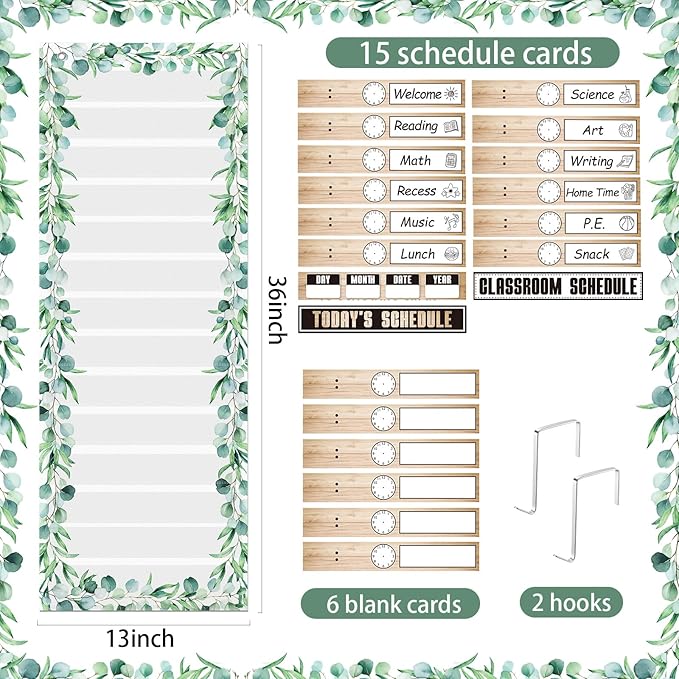 MotiMind Daily Schedule Pocket Chart for Classroom, Calendar Pocket Chart 13+1 Pockets, 21 Reusable Cards for Classroom School 13" x 36" (Rustic Color,Farmhouse)