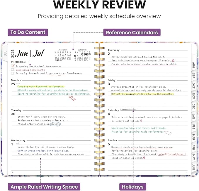 Planner 2026-2027, Academic Planner Weekly and Monthly, Jul 2026 - Jun 2027, Spiral Bound School Planning Tool with Tabs and Pocket, Perfect for Students & Teacher, 8.5" x 11", Purple Blocks