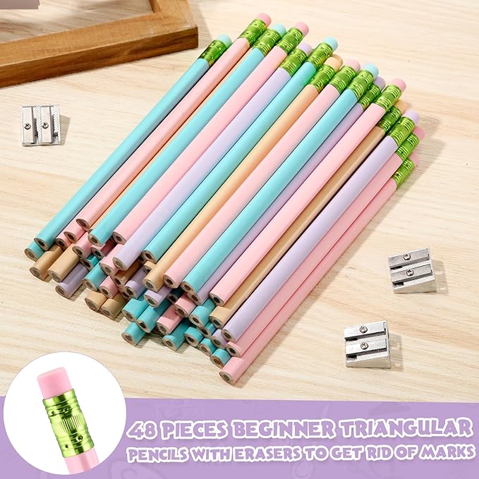 Fainne 48 Pcs Fat Pencils Jumbo Big Thick Large Pencils and 3 Pieces Sharpeners for Kids Beginners Preschoolers Kindergarten School Office Supplies(Pastel Color,Triangle)