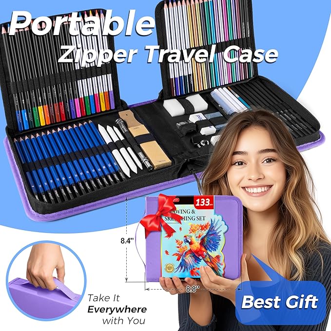 133 Pack Art Supplies Sketching Kit with Sketch Book, Coloring Book, Watercolor Pad, Black Paper Pad, Tutorial, Graphite Colored Charcoal Watercolor & Metallic Pencils for Artists Beginners Adults