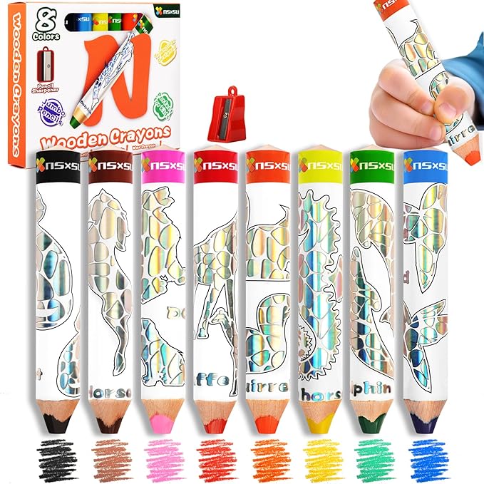 nsxsu Wooden 3 in 1 Jumbo Colored Pencils for Toddlers & Kids, Chunky Washable Crayons, Fat Triangular Coloring Pencil with Sharpener, Easter Basket Stuffers, Easy-Grip Birthday Party Favor