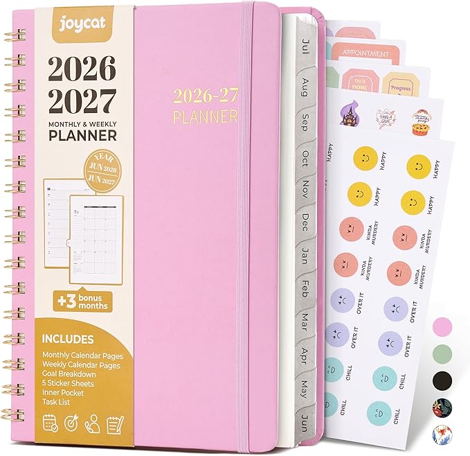 JoyCat 13-Month Academic Planner 2026-2027, June 2026 - June 2027, A5 Weekly & Monthly Planner, Hardcover Agenda with Tabs, 5 Sticker Sheets, Elastic Closure & Pocket for Teachers & Students, 6.3" x 8.5", Pink