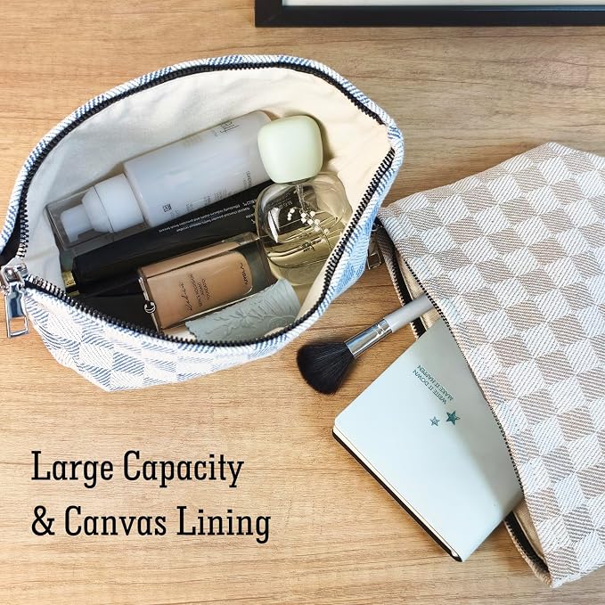 STARDW Checkered Makeup Bag Cosmetic Travel Bag, Toiletry Bag for Women | Canvas Lined Makeup Pouch for Skincare, Brushes, Toiletries & Travel Essentials, Cute Purse Organizer Pouches with Zipper