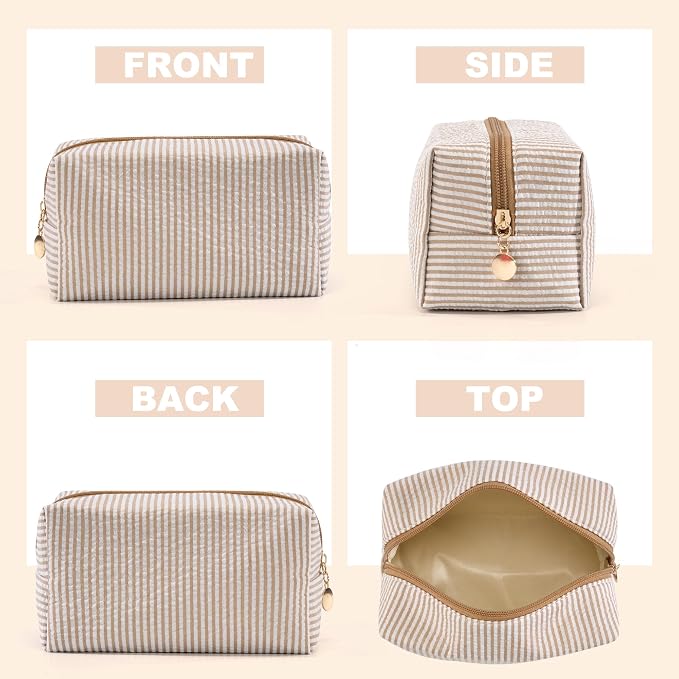 Makeup Bag Travel Toiletry Bag for Women, Small Cosmetic Bags Cute Brown Stripe Aesthetic Organizer Makeup Pouch for Purse Emergency Bag Pencil Case Accessory Bag