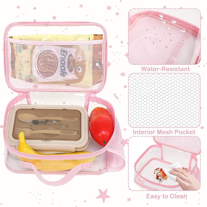 FlowFly Kids Lunch box Insulated Soft Bag Mini Cooler Back to School Thermal Meal Tote Kit for Girls, Boys,ClearPink