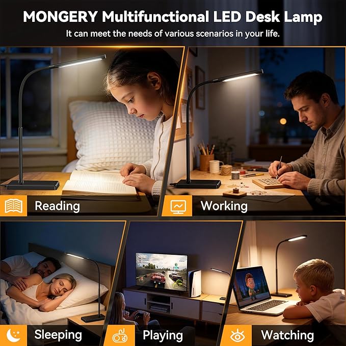 LED Desk Lamp 12W Touch Control Desk Lamp with USB Charging Port 5 Color Modes 6 Brightness Levels Eye-Caring Office Lamp with Memory Function 1h Timer Adjustable Neck Table Lamp