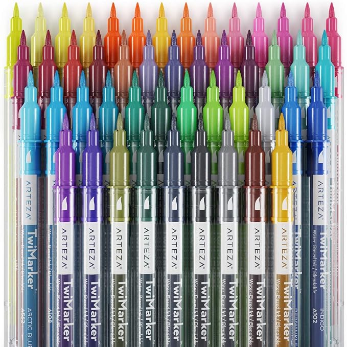 ARTEZA Dual Tip Brush Markers – Set of 48 Pens with Fine and Brush Tips, Water-Based Ink for Coloring, Sketching, Lettering & Journaling