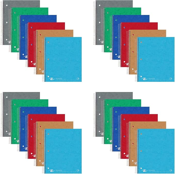 ROARING SPRING 3 Subject Spiral Notebook, 24 Pack, 11" x 9", College Ruled, 120 Perforated Sheets, Assorted Eco Press Covers, 3 Double Storage Pockets, Made in USA