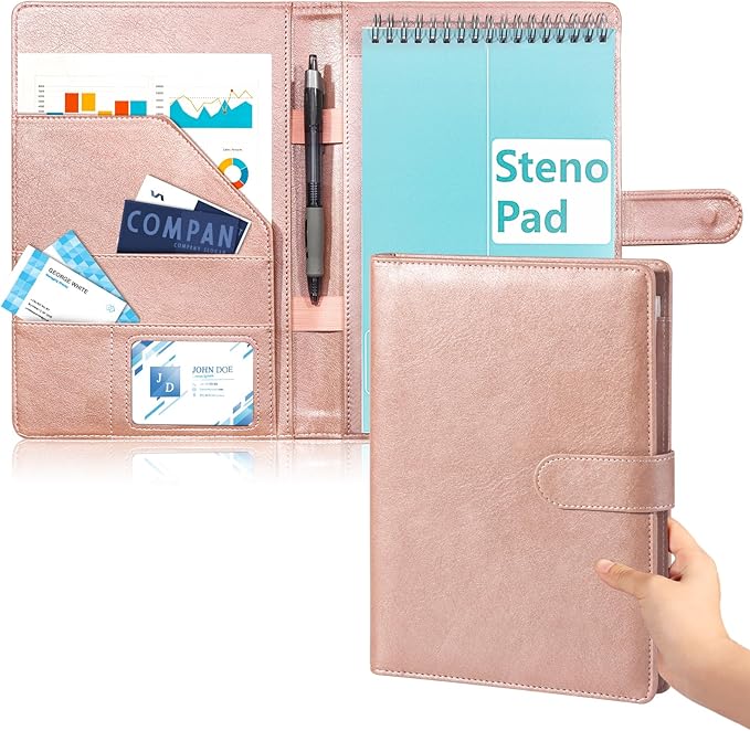 Steno Pad Holder PU Leather Cover 6x9 Steno Pad Cover Business Padfolio Organizer Compatible With 6x9 Steno Notebook Portfolio Pocket Organizer With Pen Loop for Business Office(Rose Gold)