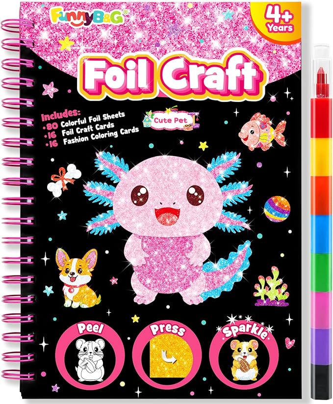 FUNNYB&G Foil Art Craft Kit for Girls 4-10 Years Old: Mess-Free & No-Glue, Create 16 Sparkly Cute Pet Pictures – Perfect Travel Toy & Birthday Gift for Kids（Cute Pet）