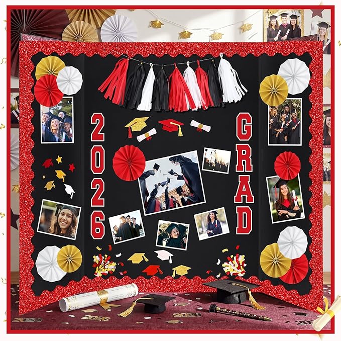 31 Pcs Graduation Photo Display Board Decoration 40"x28" Trifold Poster Board Graduation Themed Stickers Grad Fan Tassel Garland for 2026 Grad Party College Picture Frame (Red Black White)