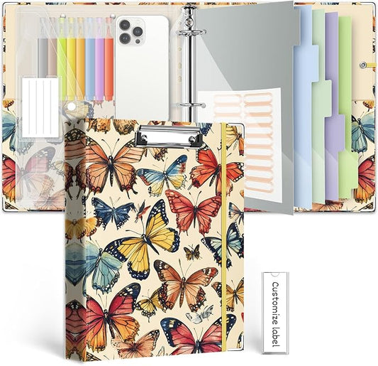 3 Ring Binder 1 Inch,BVSSX Three Ring Binders Organizer with Clipboard, 5-Tabs Pockets Dividers, Plastic Folder, 18 Divider Stikers,Pen Loop (Butterfly, Letter Size)