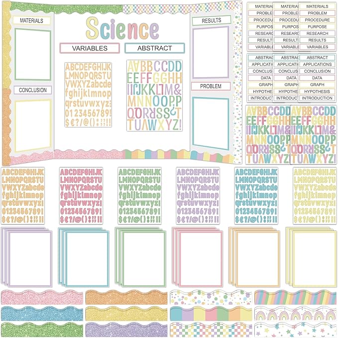 122 Pcs Science Fair Board Supplies 72 Glitter Pastel Candy Trim Scalloped Borders 36 Presentation Board Subtitles 6 Self Adhesive Project Titles 8 Letter Stickers for Classroom Office Decor(Pastel)