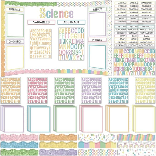 122 Pcs Science Fair Board Supplies 72 Glitter Pastel Candy Trim Scalloped Borders 36 Presentation Board Subtitles 6 Self Adhesive Project Titles 8 Letter Stickers for Classroom Office Decor(Pastel)