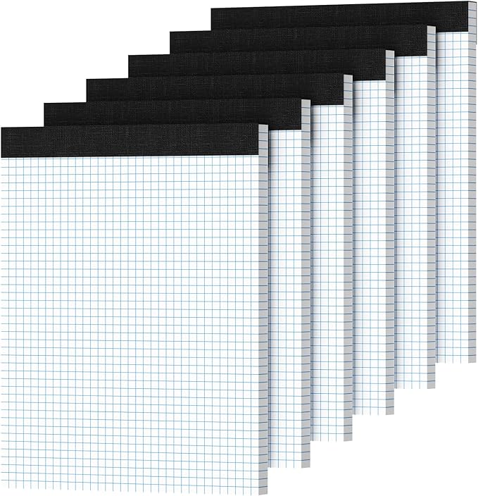 Graph Paper 8.5 X 11, 6 Pack, 4x4 Quad Ruled, Grid Paper Pad 8-1/2" X 11", Grid Pad 8.5 X 11.75, Engineering Notebook, Easy Tears Off, White 70 Gsm Graft Paper