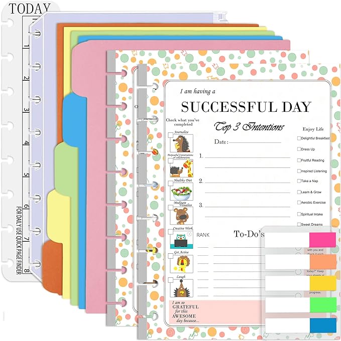 Rancco Discbound Junior Daily Planner Refills, 180 Pages 8 Disc Punched Half Letter Paper Inserts w/Index Tabs, Binder Dividers, Loose-Leaf Bag, Ruler For Circa, Arc, TUL, Happy Planner, 5.5x8.5"