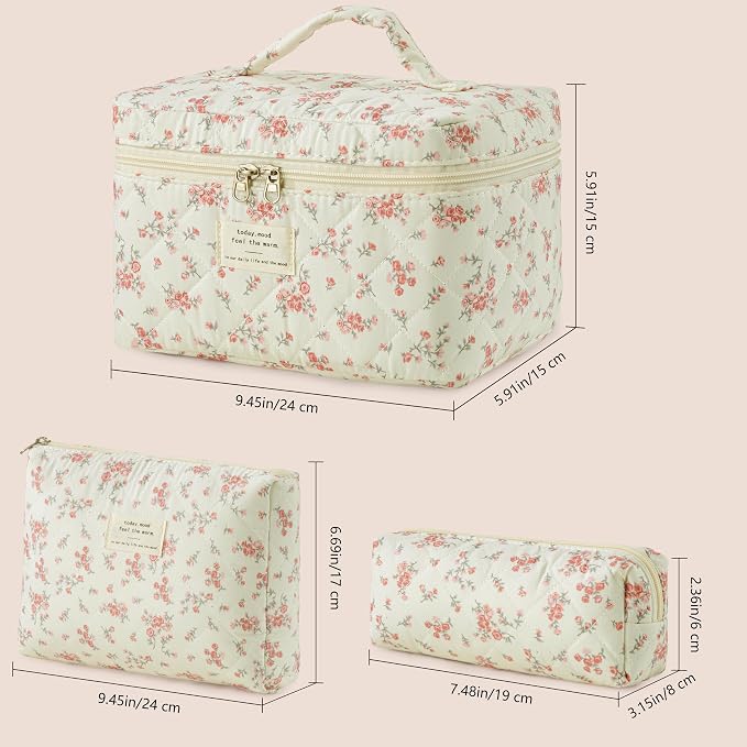 HBselect Quilted Makeup Bag, 3Pcs Cotton Large Travel Makeup Bags Organizer | Cute Floral Make up Bag Cosmetic Bag Toiletry Bag for Women Girls, Makeup Pouch for Skincare, Brushes & Travel Essentials