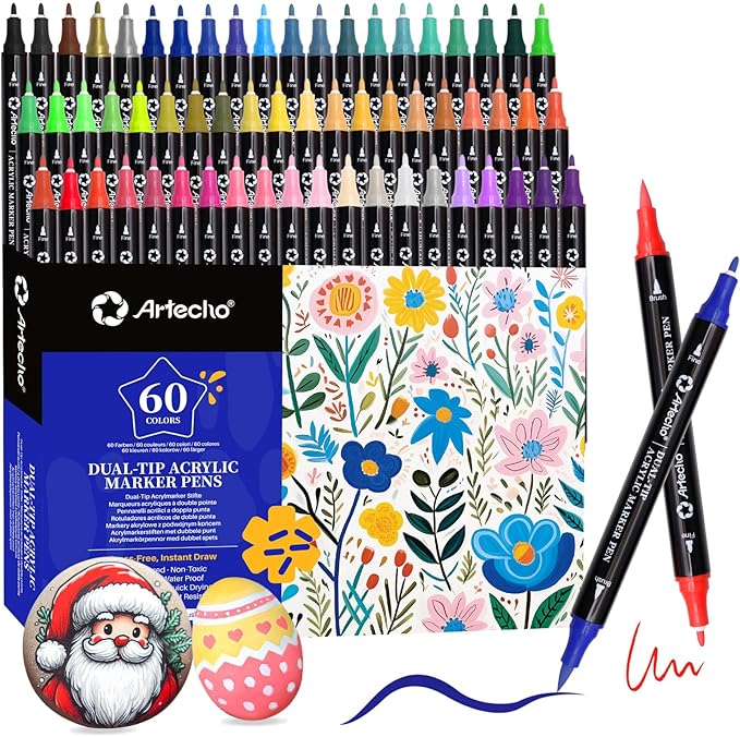 Artecho Acrylic Paint Markers 60 Colors, Acrylic Paint Pens with Brush Tip and Fine Tip for Stone, Rock Painting, Paper, Pumpkin, Wood, Egg, Canvas, Ceramic, Fabric, leather, Glass, DIY Crafts