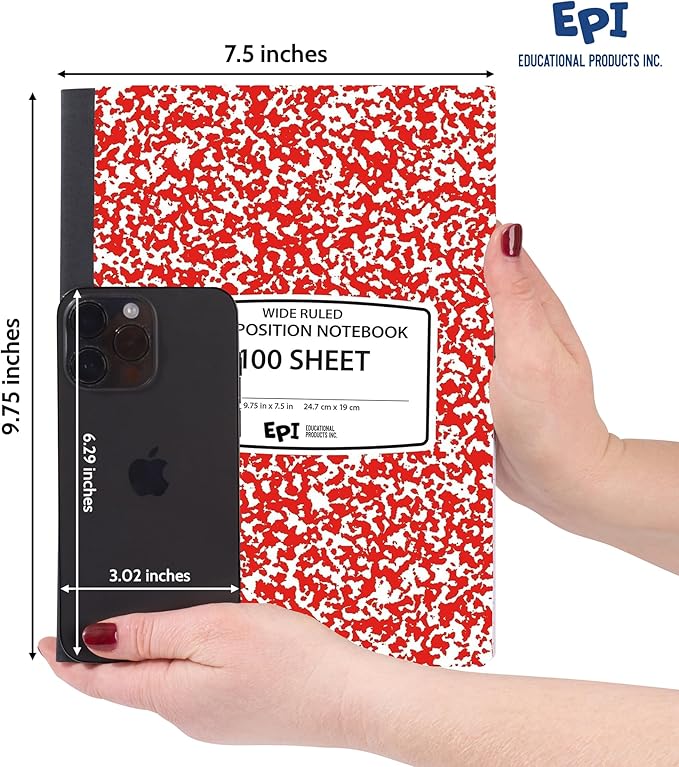 4 Pack - EPI Wide Ruled Marble Composition Notebook - Red 200 Page Note Book - 9.75 x 7.5 Inch Hardcover Journal with Sewn Binding for Secure Pages - Classroom Back to School Supplies