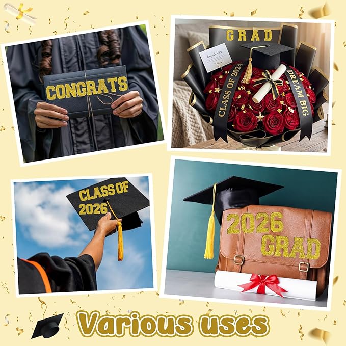 Gold 175 Pcs Graduation Photo Display Board Sticker Glitter Border Trim Alphabet Letter Number for 2026 Grad Party Trifold Poster Photo Display Event Displays Bulletin Board