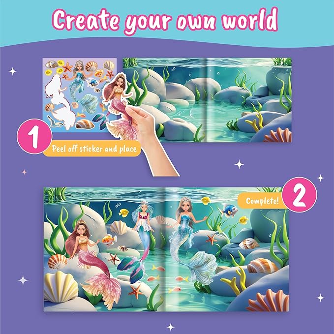BSCOOL Mermaid Kingdom Reusable Sticker Book, 100+ Stickers, Underwater Fantasy Activity Book - Mermaid Sticker Dress Up for Girls Ages 4-6. Airplane Stickers Book for Toddlers. Gift for Girls