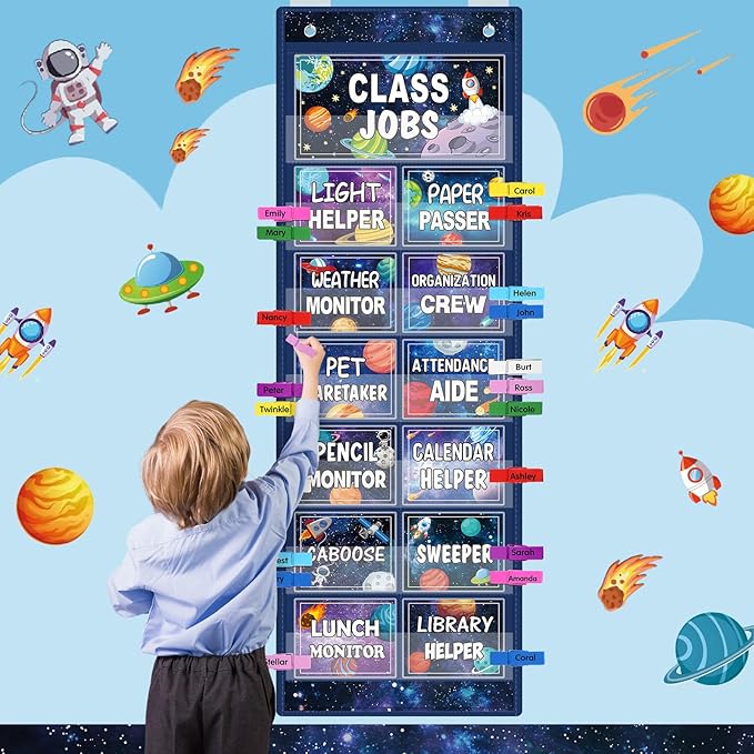 Blosssound Class Jobs Pocket Chart with 31 Cards 40 Colored Clips Classroom Teacher's Helper Management Educational Pocket Chart Bulletin Board Decorations Preschool Supplies(Outer Space)