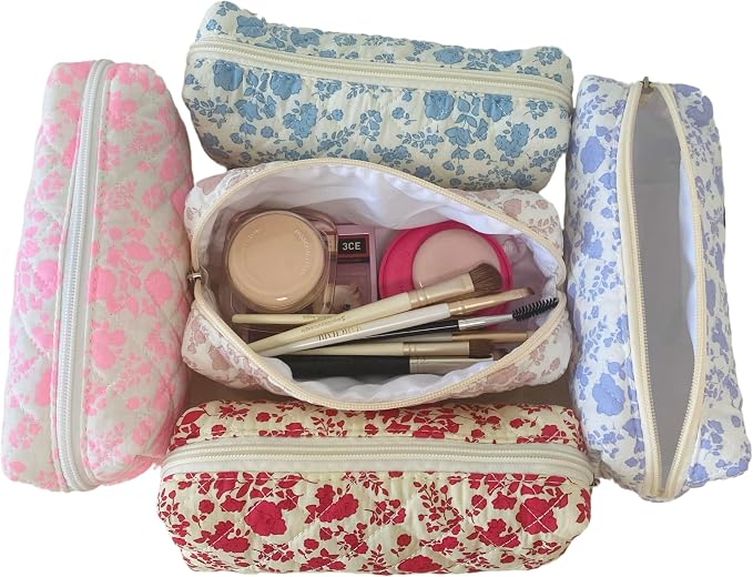 Cute Mini Quilted Makeup Bag for Women Travel Cosmetic Bags Lightweight Coquette Aesthetic Floral Toiletry Organizer Case (O-Purple)
