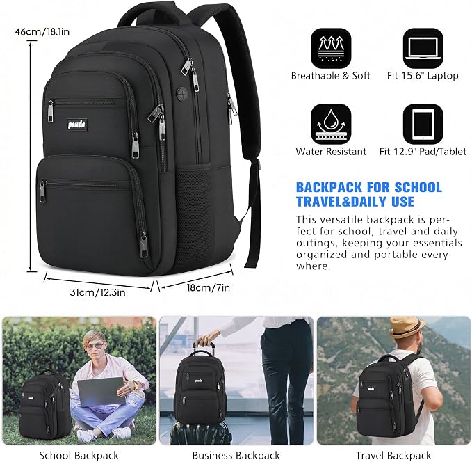 Paude Laptop Backpack,School Backpack Large Bookbag for High School College Students,Black Backpack for Men Office Business,Waterproof