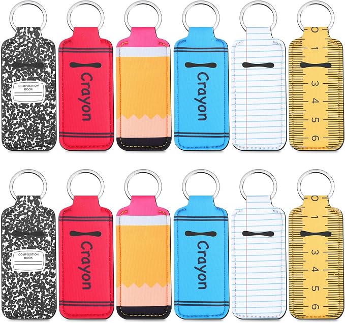 12 Pcs Back to School Lipstick Holder Keychains Bulk Teacher Appreciation Gifts Cute Pocket Lip Balm Holder Keychain Purse Accessories for Women Back to School Party Favors, 6 Style