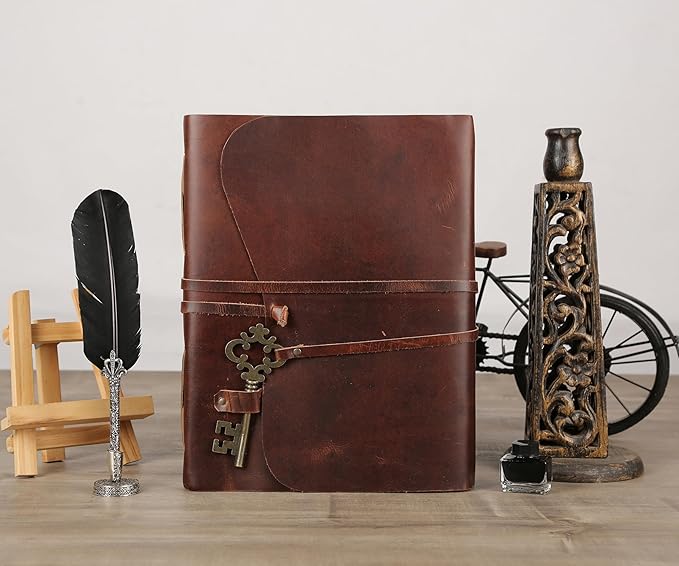 Leather Journal with Deckle Edge Paper 8x6 inch and Vintage Key | Handmade Writing Notebook Diary | Bound Daily Notepad for Men & Women Medium, Sketch/Writing pad for Artists