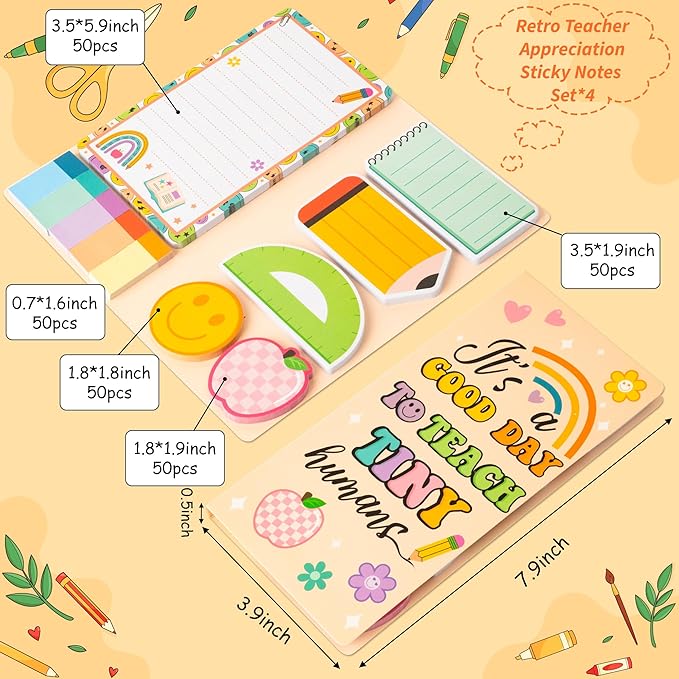 B1ykin Retro Teacher Sticky Notes Set - A Good Day to Teach Tiny Humans Self-Stick Notes Pad, 550 Sheets Writing Memo Pages Sticky Notepad for Teacher Appreciation Gifts, School Office Supplies (4Pcs)