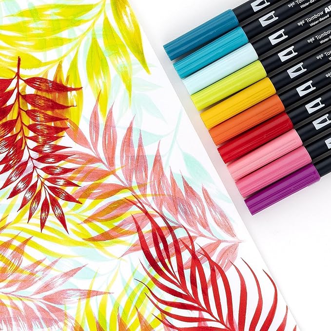 Tombow 56189 Dual Brush Pen Art Markers, Tropical, 10-Pack. Blendable, Brush and Fine Tip Markers